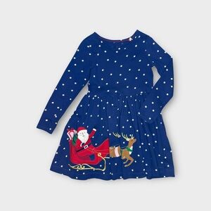 Mini Boden Santa Reindeer Christmas Applique Star Pattern Blue Twirl Dress
